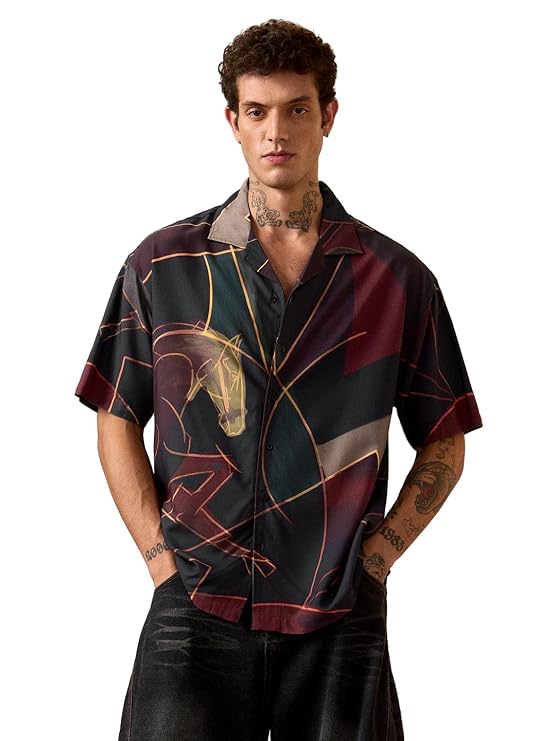 The Souled Store Oversized Shirt: Horses Men and Boys Short Sleeves Cuban Collar Green Abstract Printed Lightweight Viscose Relaxed Fit Statement Graphic Streetwear Shirt - Image 2