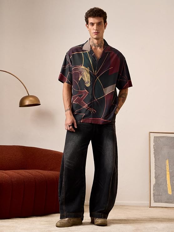 The Souled Store Oversized Shirt: Horses Men and Boys Short Sleeves Cuban Collar Green Abstract Printed Lightweight Viscose Relaxed Fit Statement Graphic Streetwear Shirt
