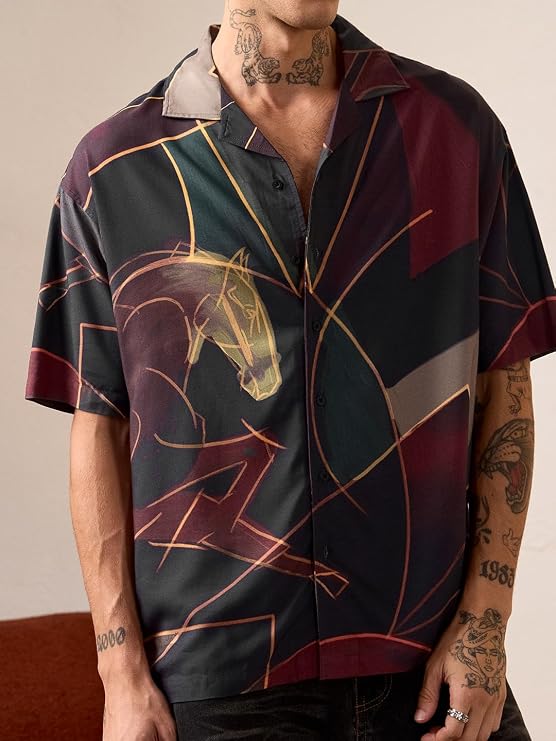 The Souled Store Oversized Shirt: Horses Men and Boys Short Sleeves Cuban Collar Green Abstract Printed Lightweight Viscose Relaxed Fit Statement Graphic Streetwear Shirt - Image 3